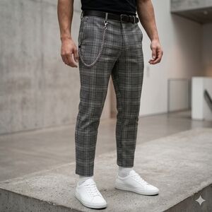 Mauvais Men’s Size 36 Grey Glen Plaid Signature Check Trousers + Silver Chain